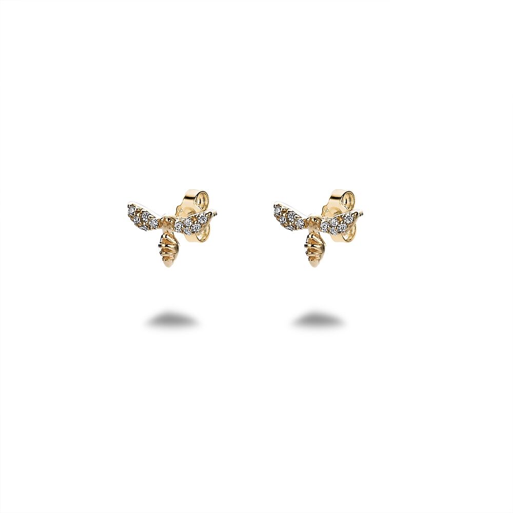 18Ct Gold Plated Silver Earrings, Small Bee In Zirconia