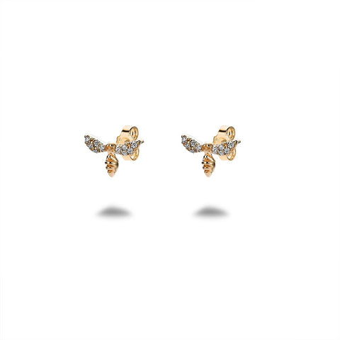 18Ct Gold Plated Silver Earrings, Small Bee In Zirconia