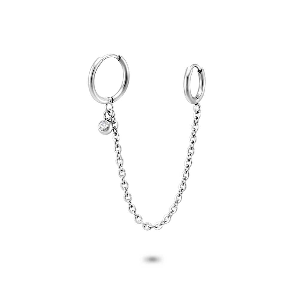 Stainless Steel Earrings, Hoop, 1 Crystal And Chain
