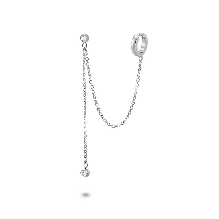 Stainless Steel Earrings, Hoop, 2 Crystals On Chain