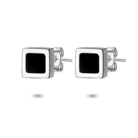 Stainless Steel Earrings, Black Square