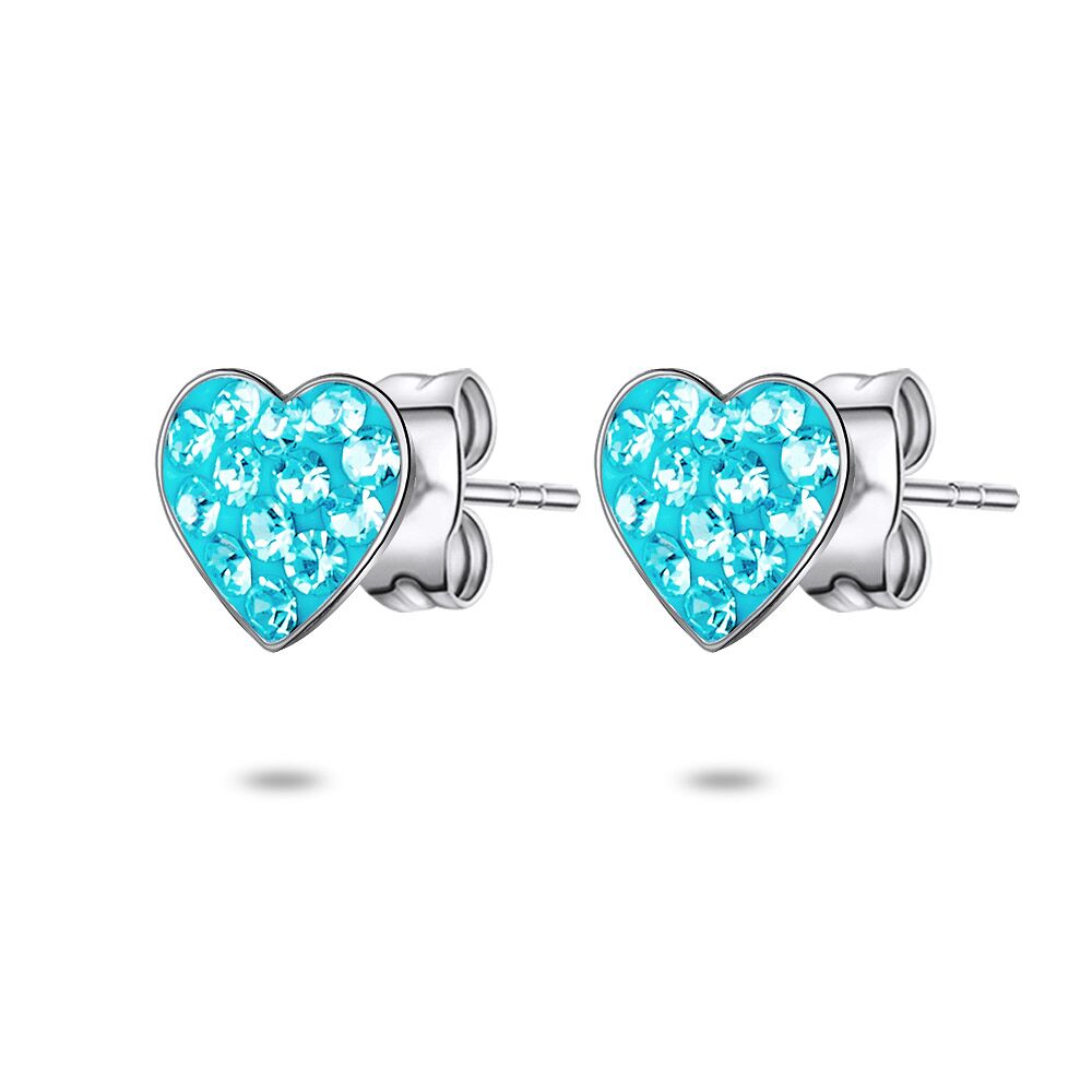 Silver Heart Shaped Earrings, Light Blue Crystals