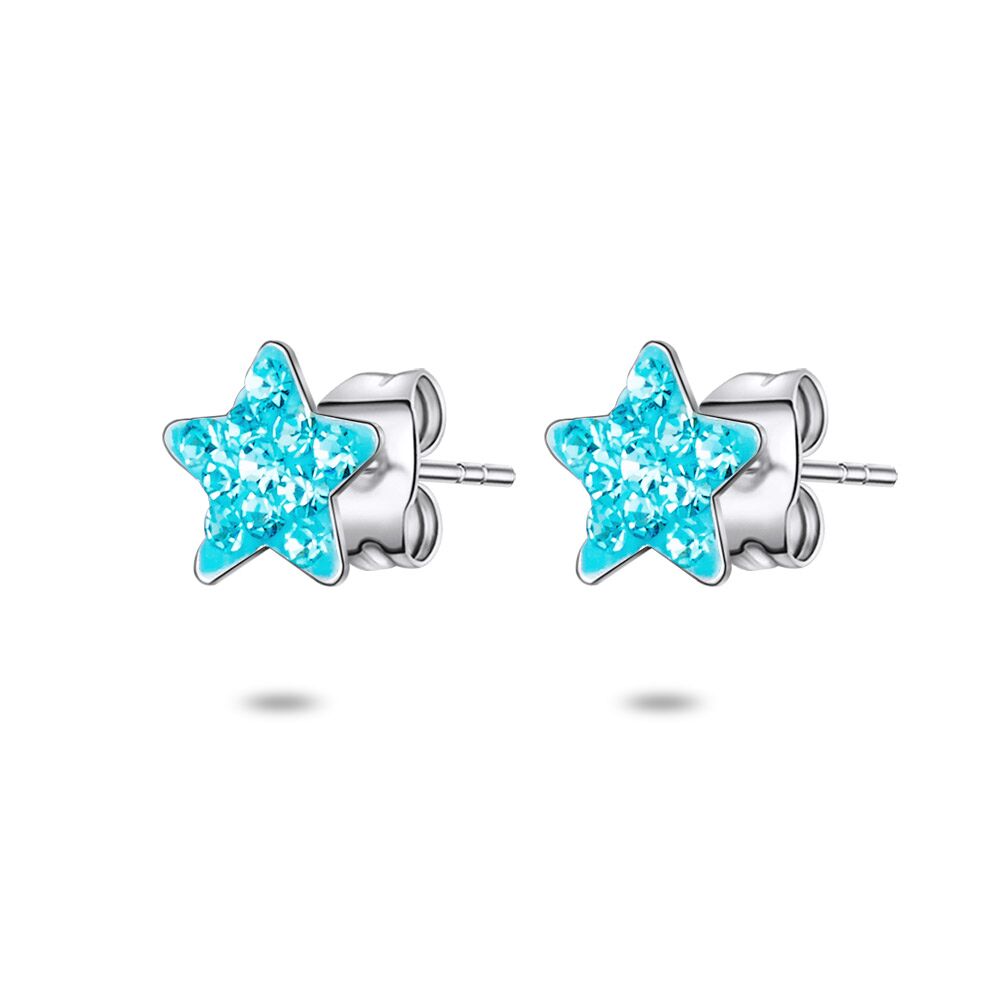 Silver Star Shaped Earrings, Light Blue Crystals