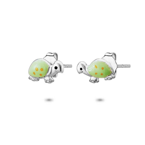 Silver Earrings, Small Green Turtle