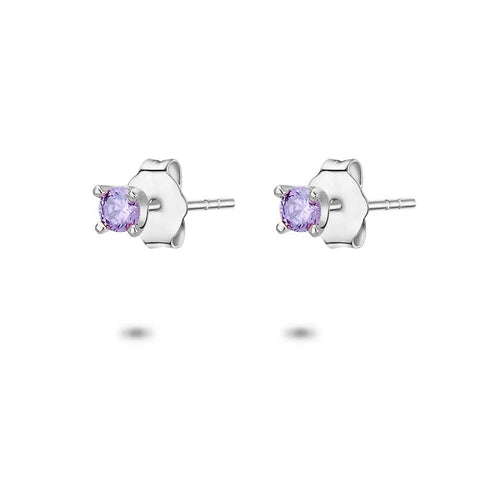 Silver Earrings, Round Zirconia, Amethyst-Coloured, 3 Mm