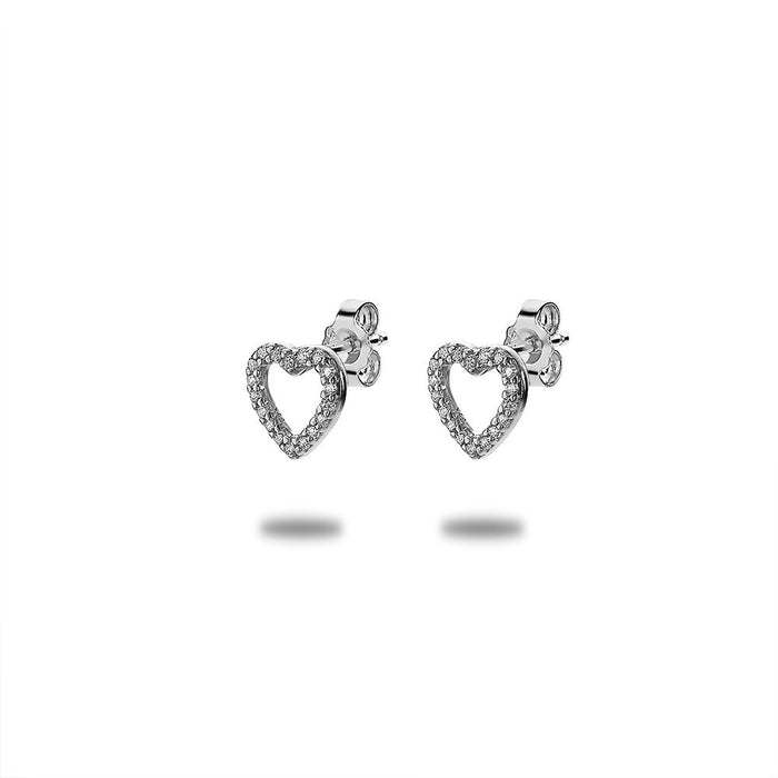Silver Earrings, Open Heart With Zirconia