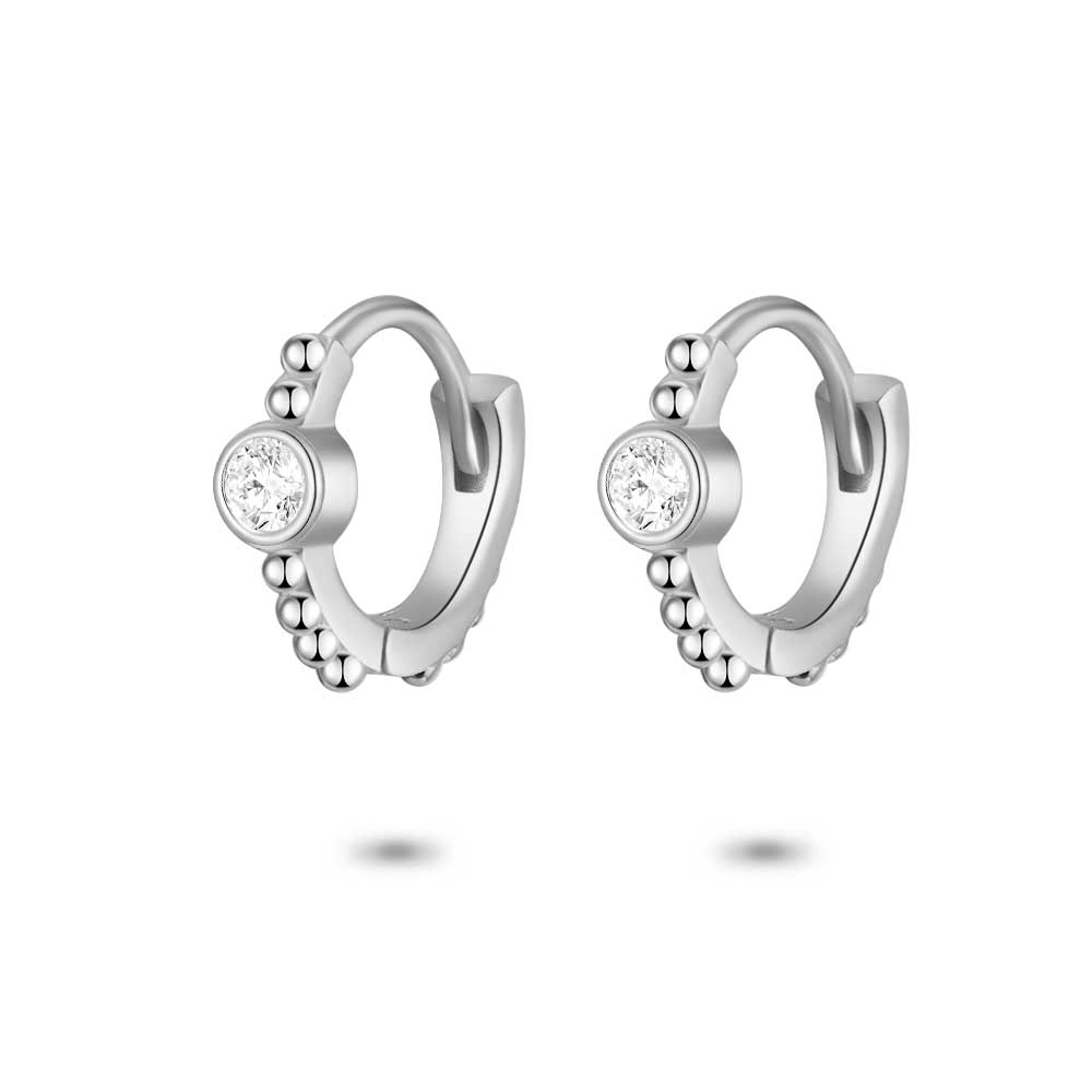 Silver Earrings, Hoop, Small Dots, White Zirconia