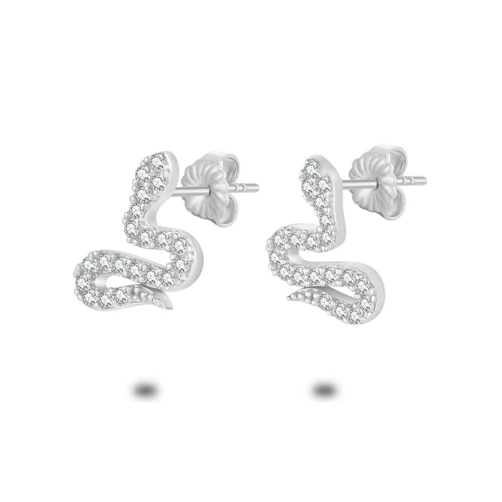 Silver Earrings, Snake, White Zirconia