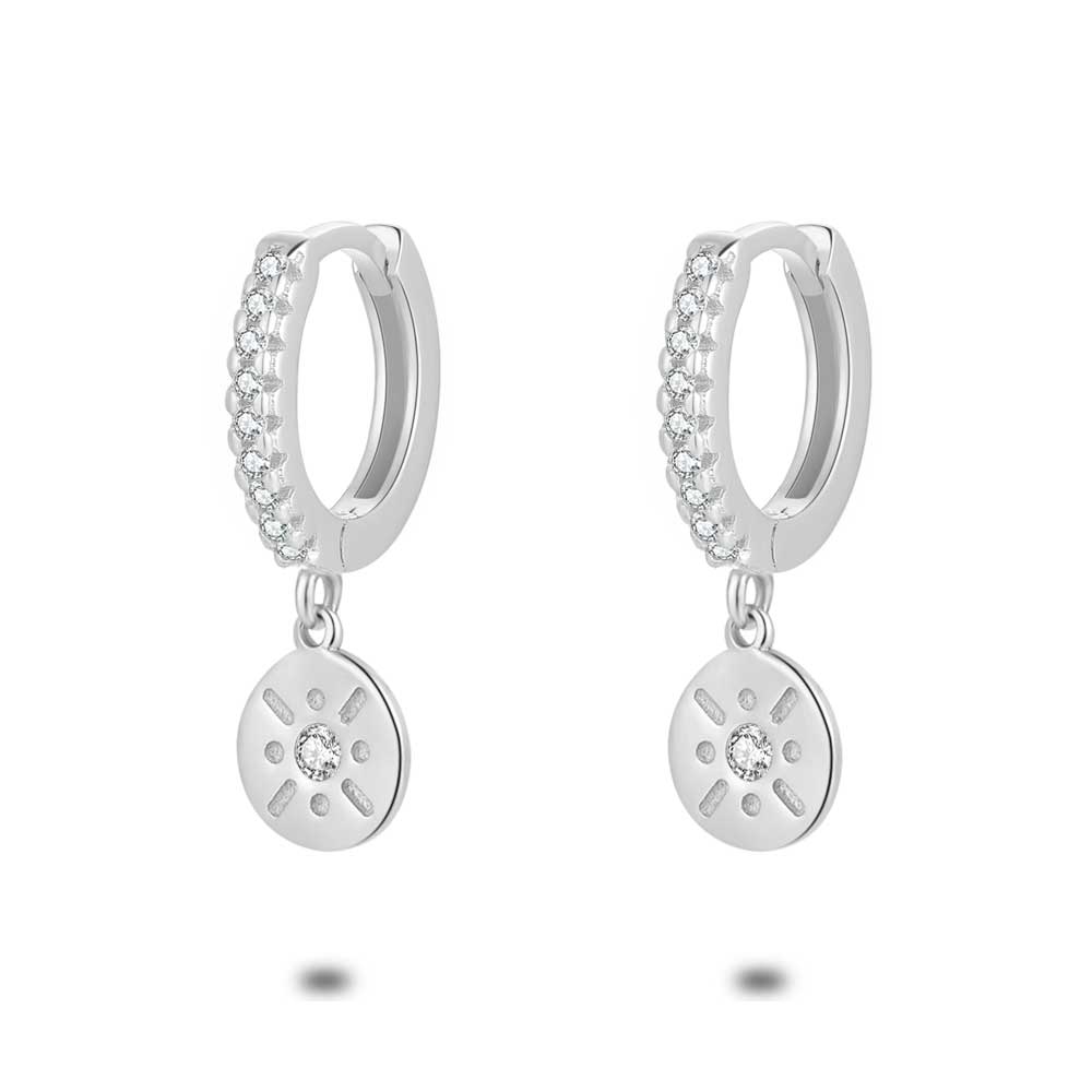 Silver Earrings, Hoop With Zirconia And Round Pendant
