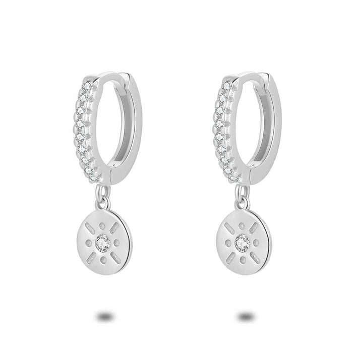 Silver Earrings, Hoop With Zirconia And Round Pendant