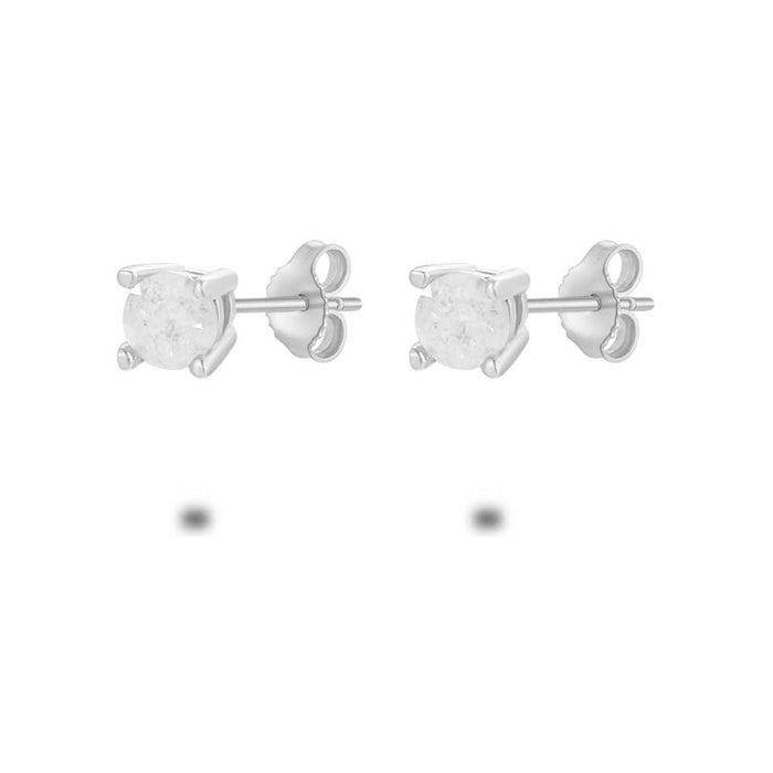 Silver Earrings, Opal White Zirconia, 4 Mm