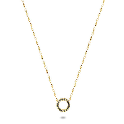 Gold Coloured Stainless Steel Necklace, Open Circle, Black Crystals