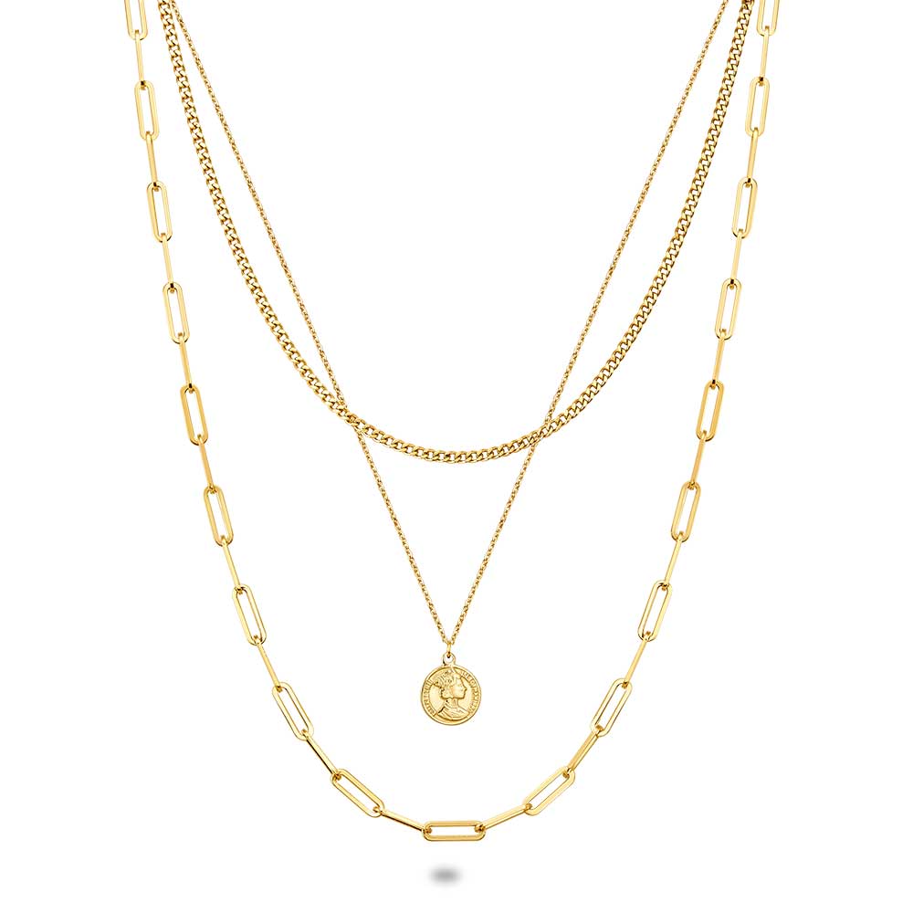 Gold Coloured Stainless Steel Necklace, Coin On 3 Different Chains