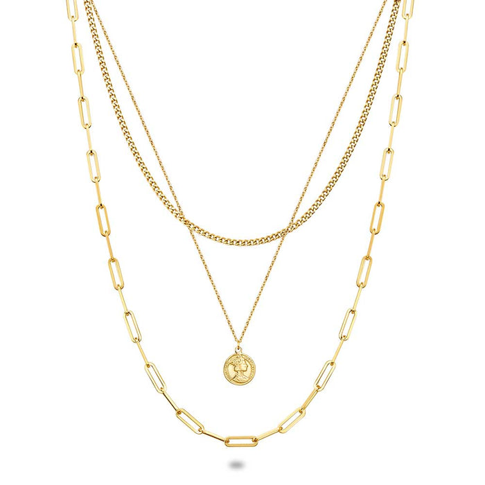 Gold Coloured Stainless Steel Necklace, Coin On 3 Different Chains
