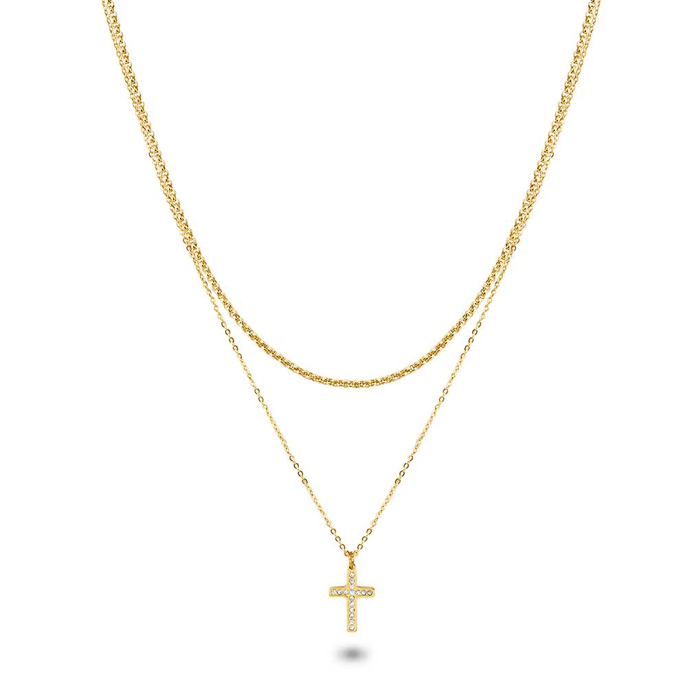 Gold Coloured Stainless Steel Necklace, Cross On 2 Different Chains