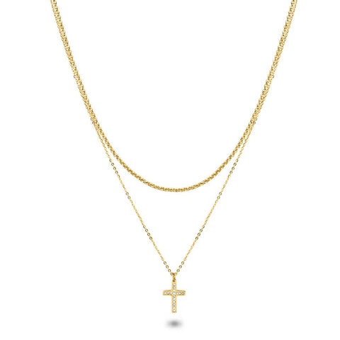 Gold Coloured Stainless Steel Necklace, Cross On 2 Different Chains