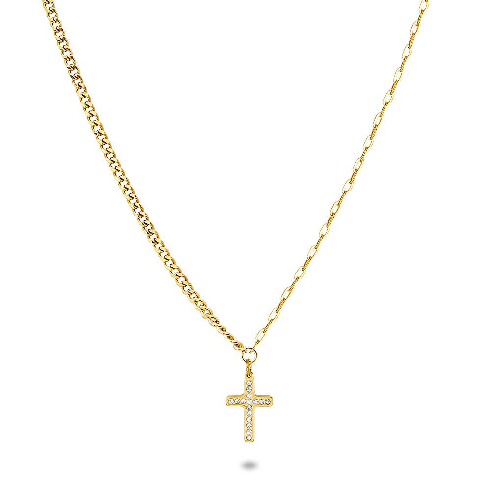 Gold Coloured Stainless Steel Necklace, Cross With White Crystals