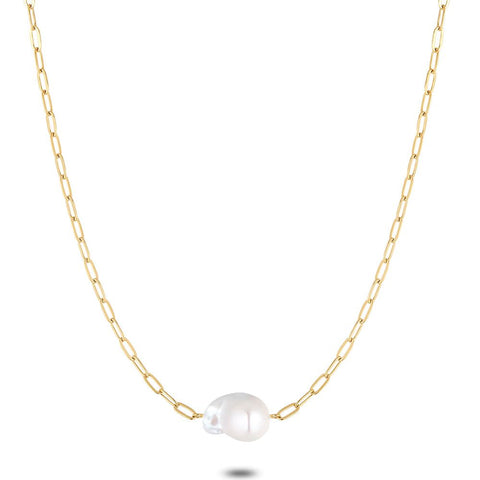 Gold Coloured Stainless Steel Necklace, Oval Links, 1 Big Pearl
