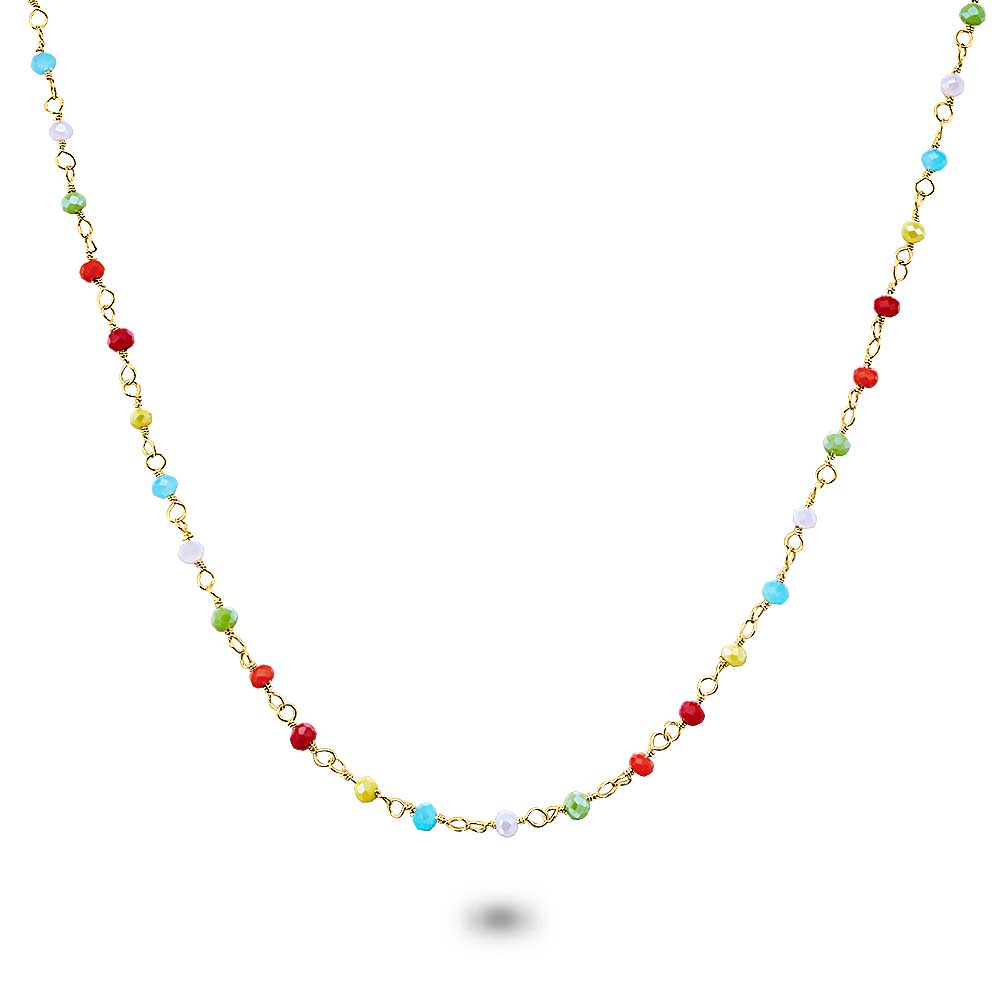 Gold Coloured Stainless Steel Necklace, Multicoloured Stones