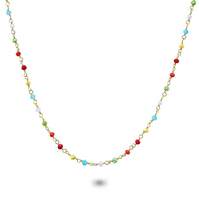 Gold Coloured Stainless Steel Necklace, Multicoloured Stones
