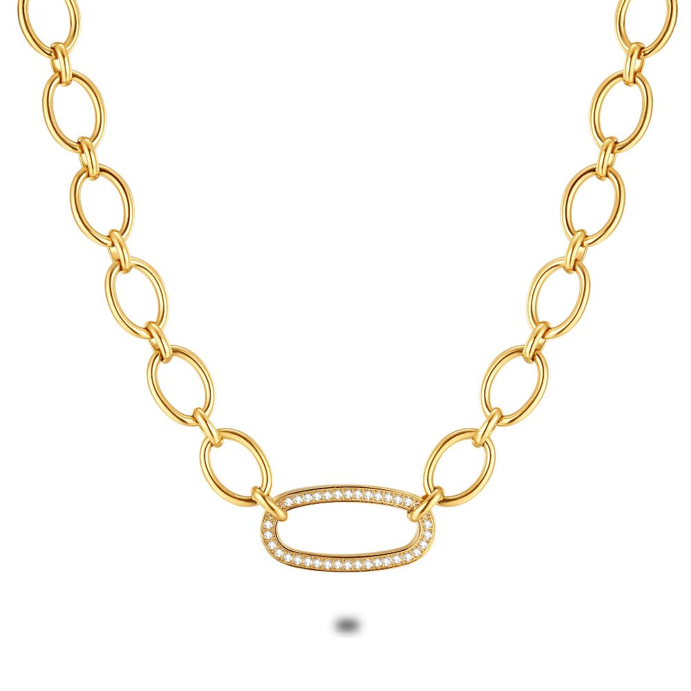 Gold Coloured Stainless Steel Necklace, Oval Links, Open Oval With Crystals