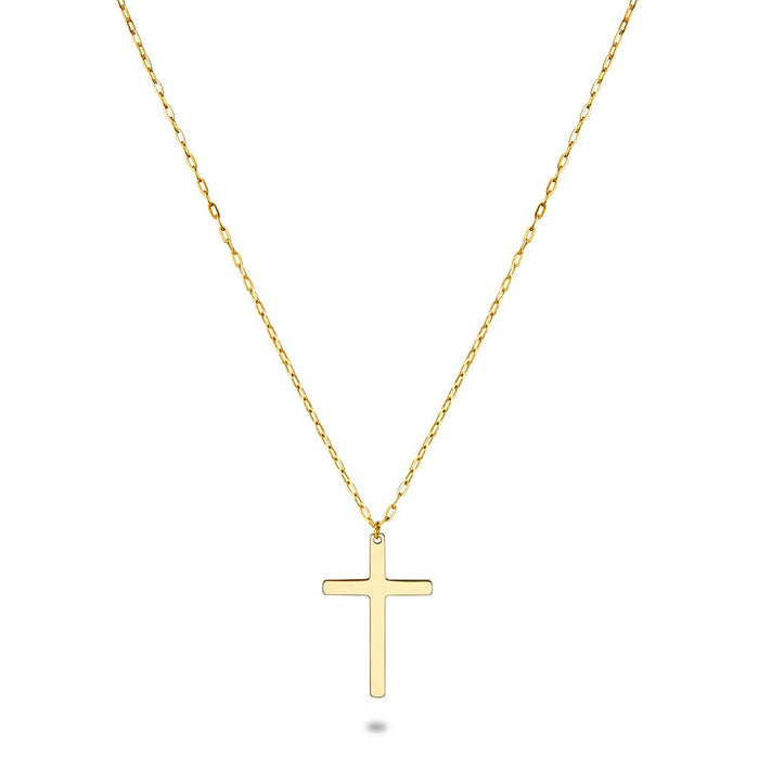 Gold Coloured Stainless Steel Necklace, Cross, Oval Links
