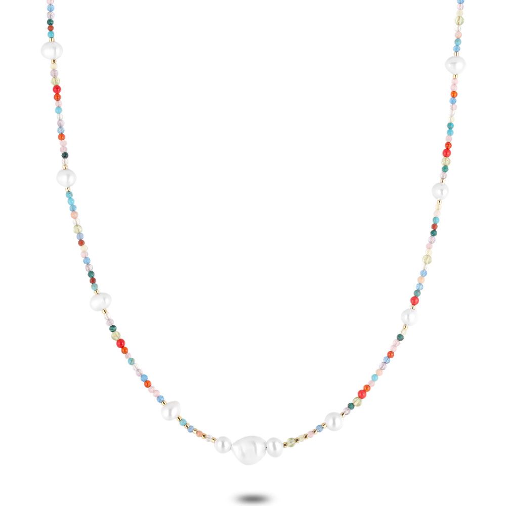 High Fashion Necklace, Multicoloured Stones, 11 Pearls