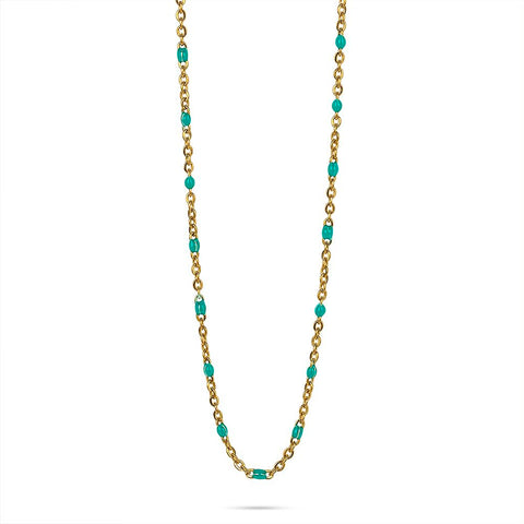 Gold-Coloured Stainless Steel Necklace, Small Green Turquoise Dots