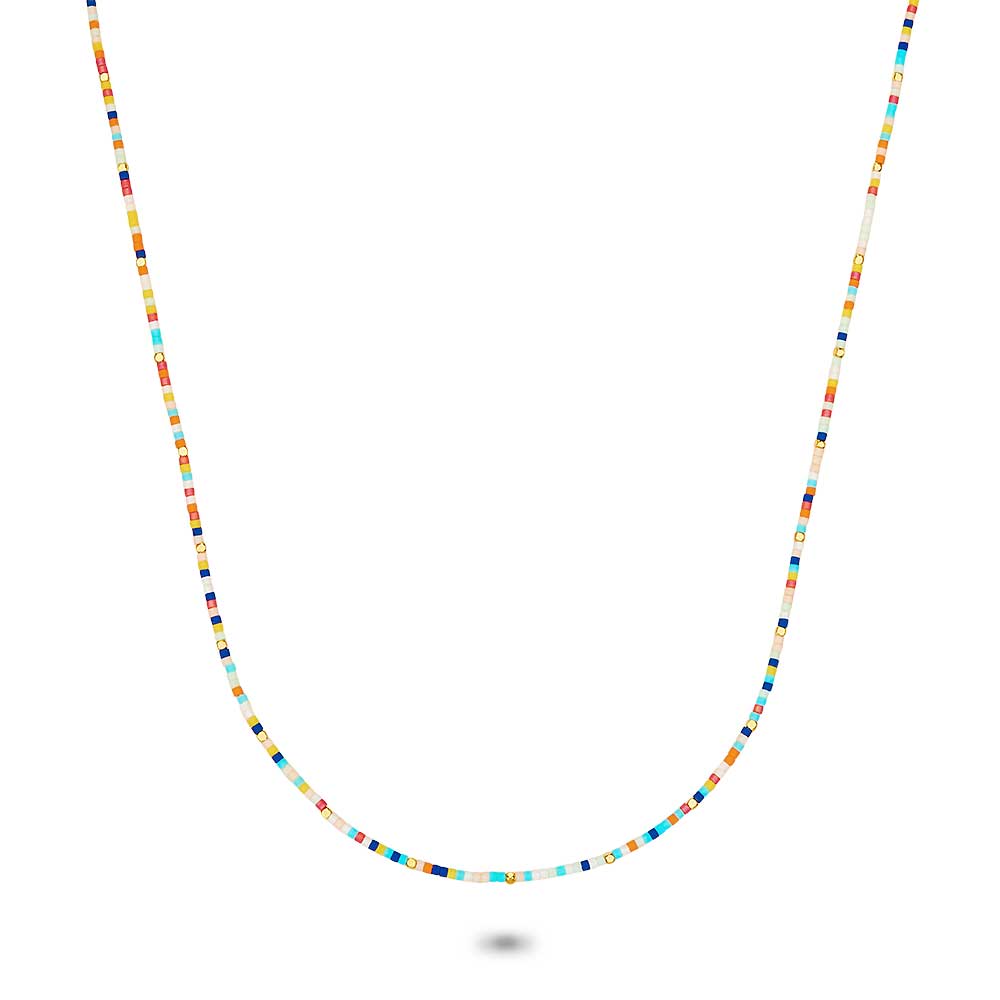 Gold Coloured Stainless Steel Necklace, Miyuki Beads, Multicoloured