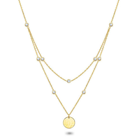 Gold Coloured Stainless Steel Necklace, Double Chain With Crystals, Hammered Round