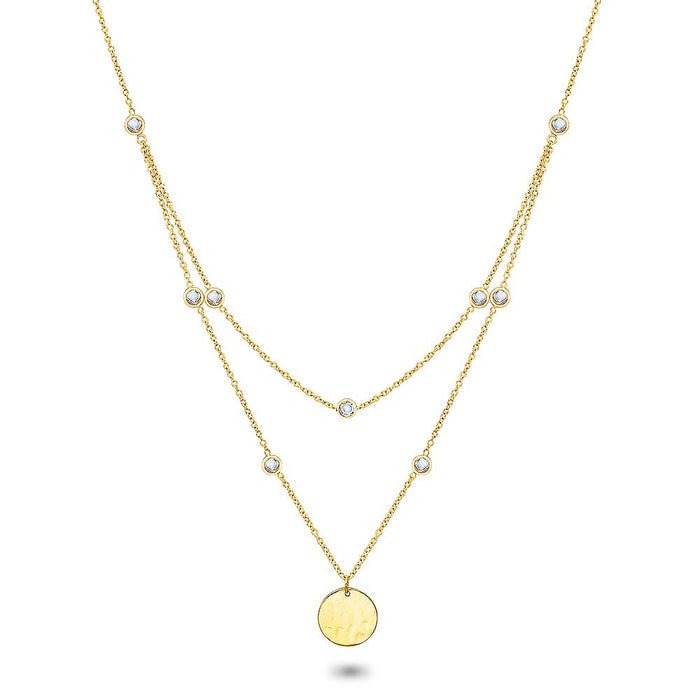 Gold Coloured Stainless Steel Necklace, Double Chain With Crystals, Hammered Round