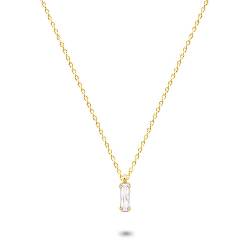 Gold Coloured Stainless Steel Necklace, Baguette, Crystal