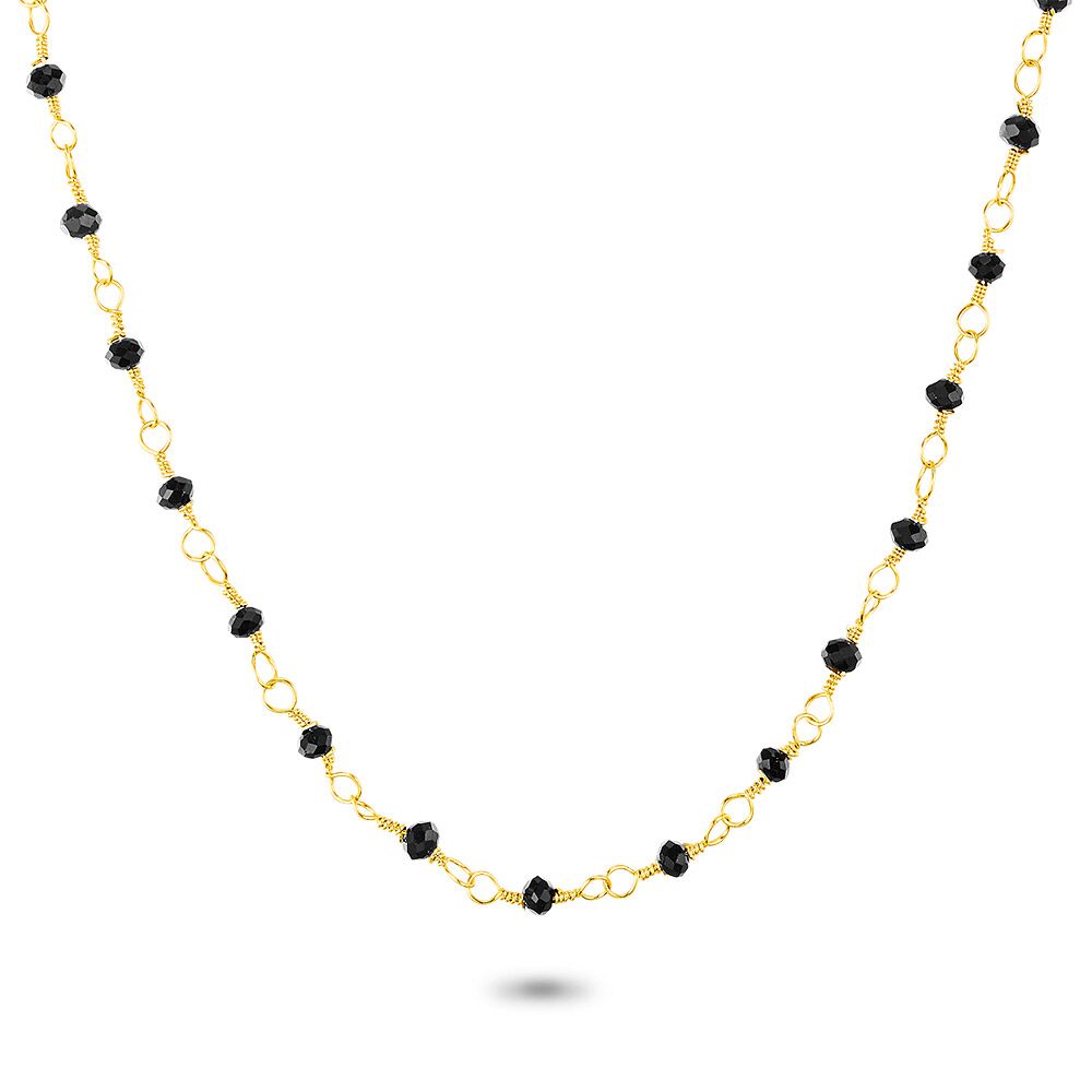 Gold Coloured Stainless Steel Necklace, Black Stones
