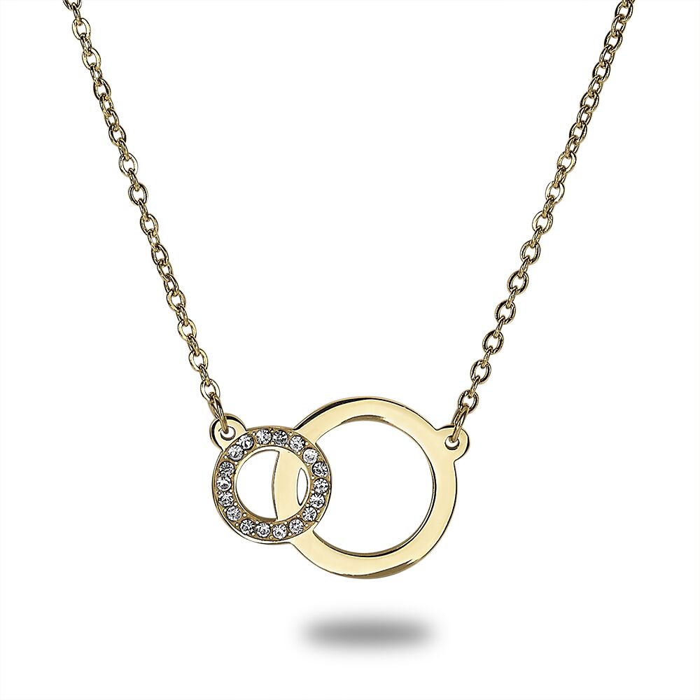 Gold-Coloured Stainless Steel Necklace, 2 Circles, Crystals