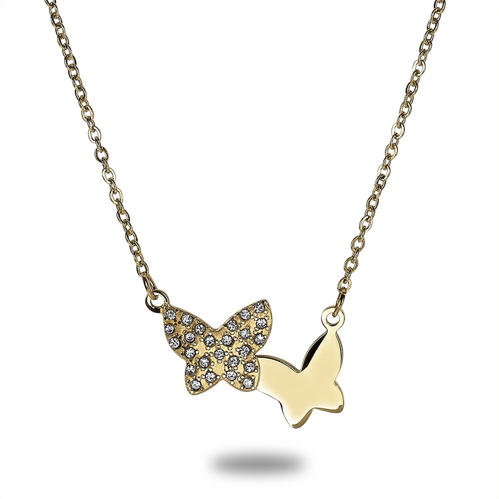 Gold-Coloured Stainless Steel Necklace, 2 Butterflies, Crystals