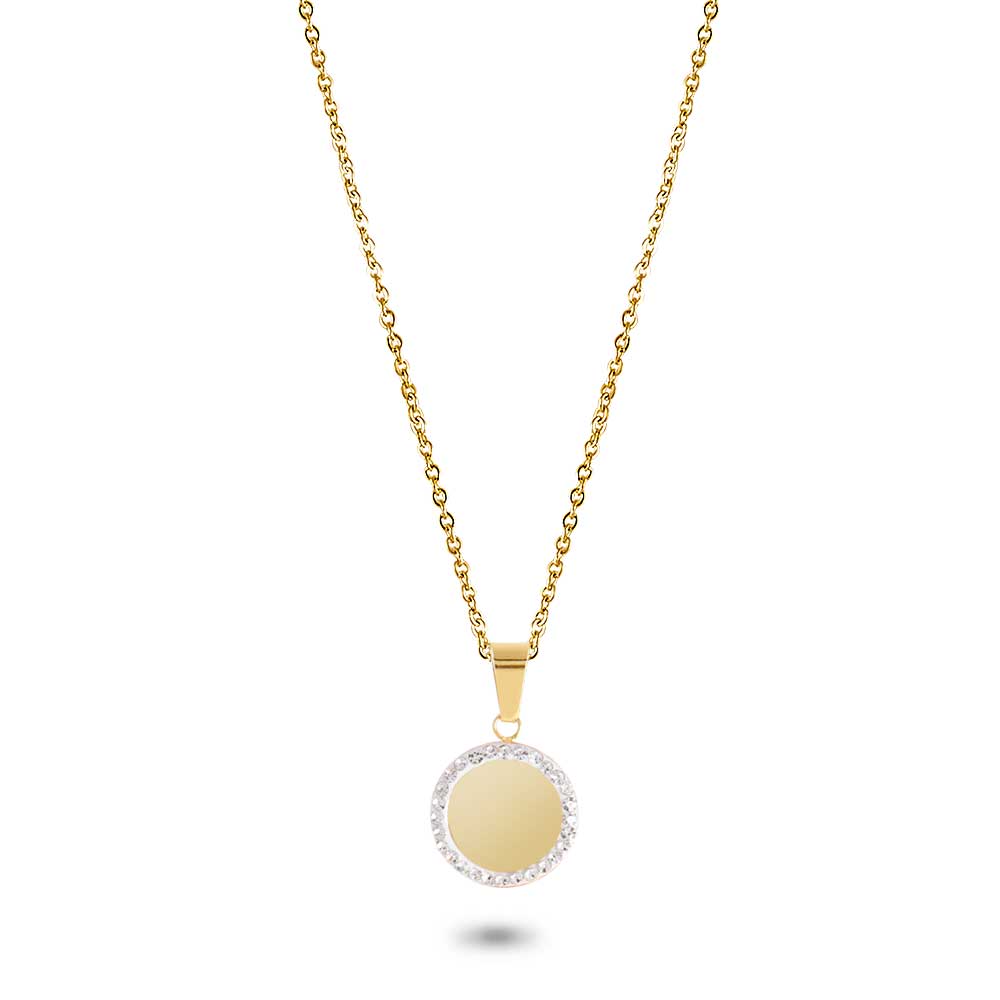 Gold Coloured Stainless Steel Necklace, Round, White Crystals