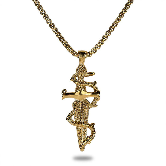 Gold-Coloured Stainless Steel Necklace, Sword With Snake