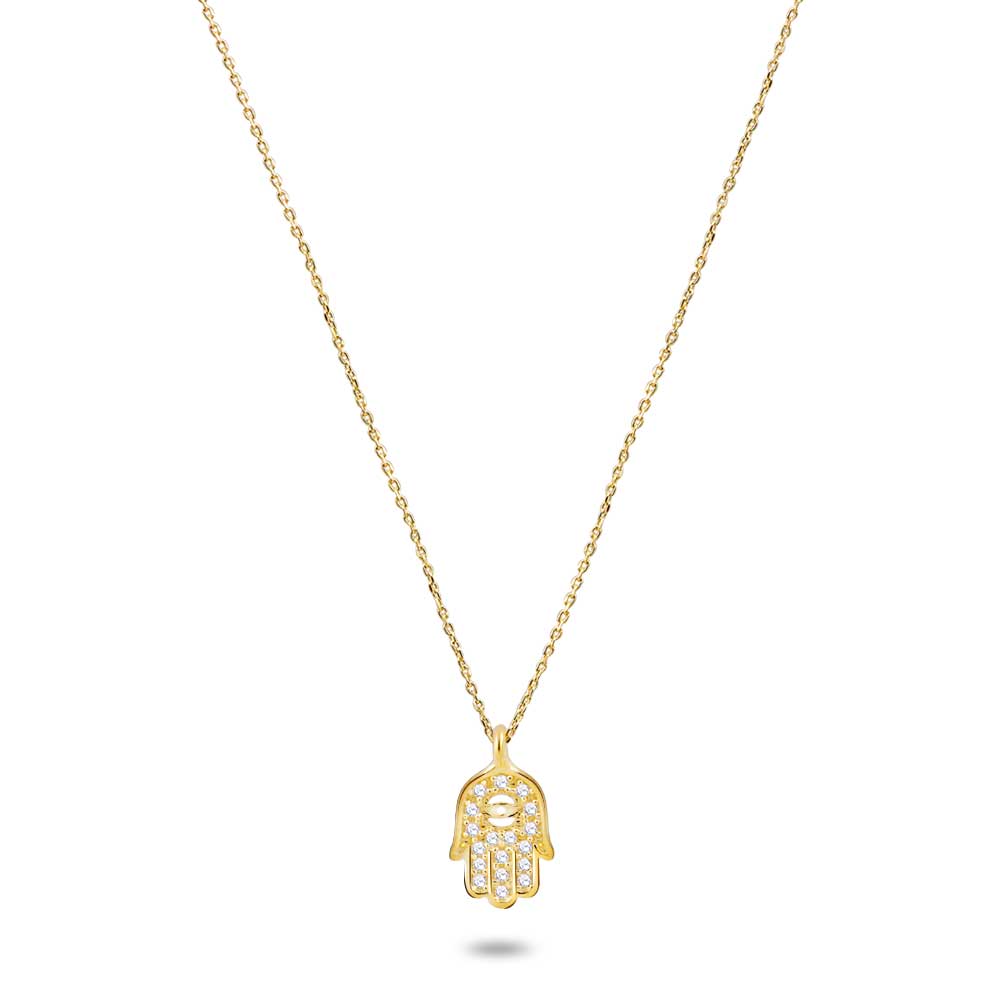 18Ct Gold Plated Silver Necklace, Fatima Hand With Zirconia