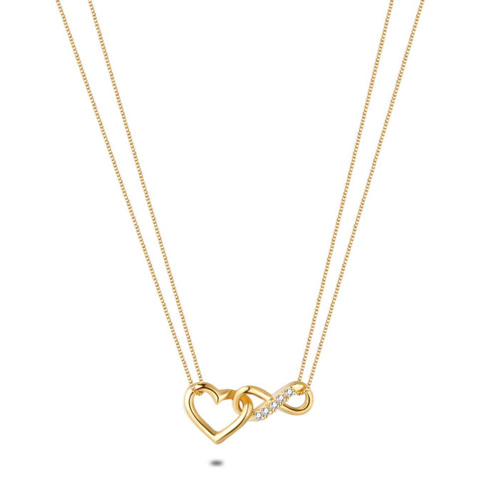 18Ct Gold Plated Silver Necklace,  Double Chain, Open Heart And Infinity, Zirconia