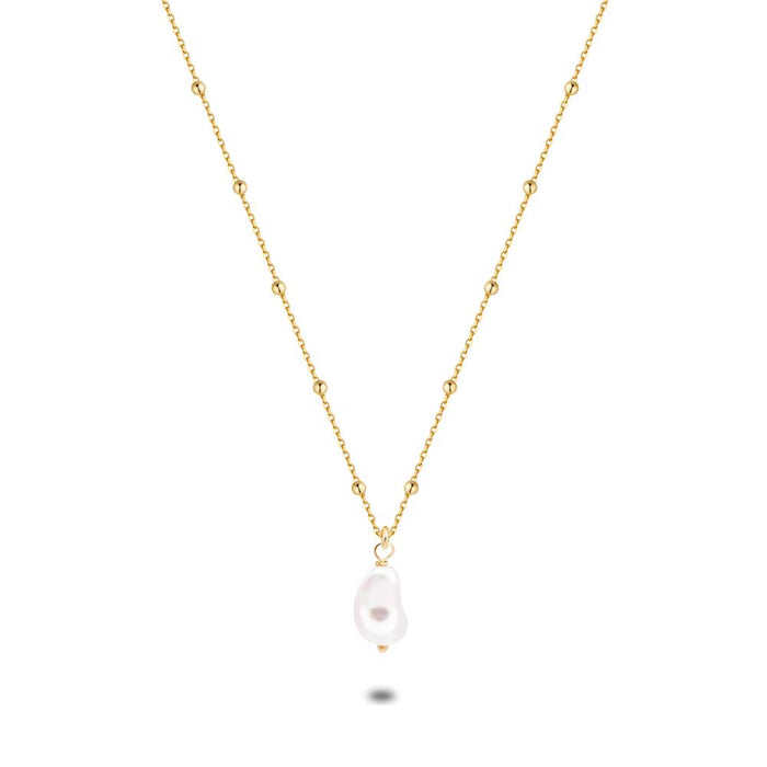 18Ct Gold Plated Silver Necklace, Ball Chain, Baroque Pearl