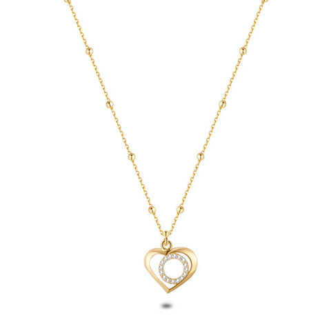 18Ct Gold Plated Silver Necklace, Ball Chain, Open Heart, Circle In Zirconia
