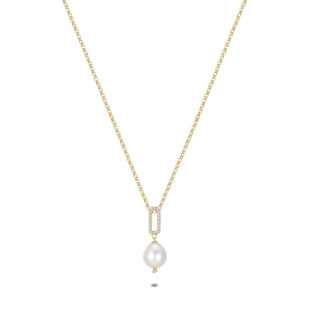 18Ct Gold Plated Silver Necklace, Oval With Zirconia, Freshwater Pearl