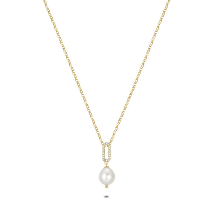 18Ct Gold Plated Silver Necklace, Oval With Zirconia, Freshwater Pearl