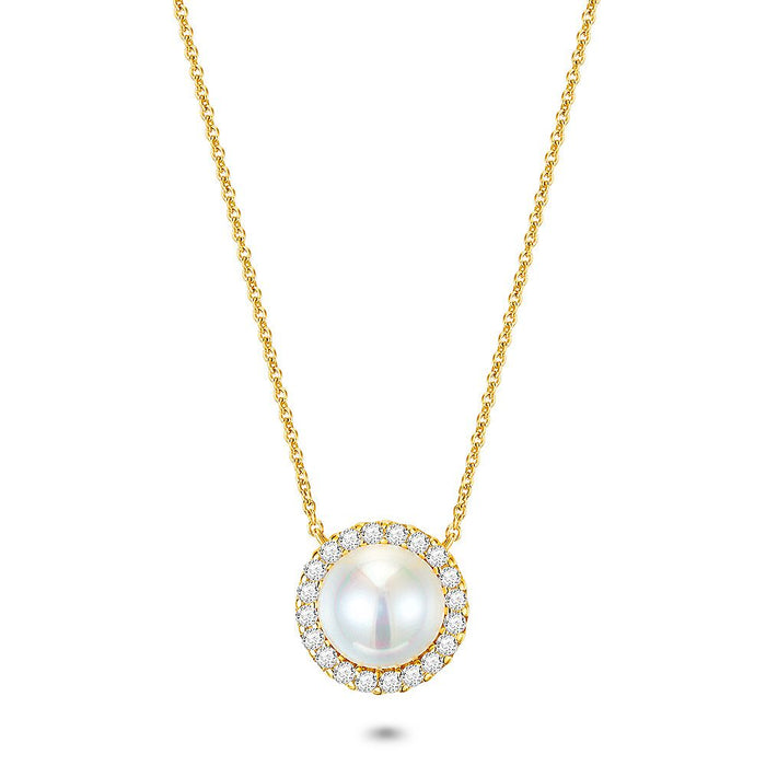 18Ct Gold Plated Silver Necklace, Half Pearl Surrounded By Zirconia