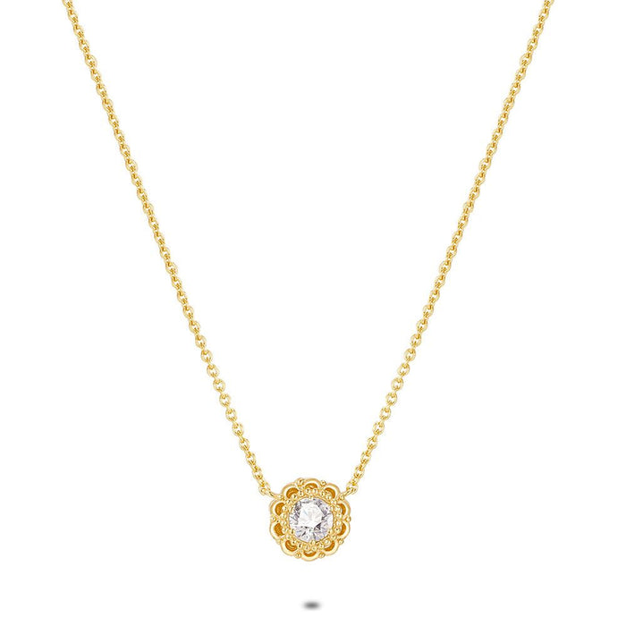 18Ct Gold Plated Silver Necklace, Flower, Zirconia