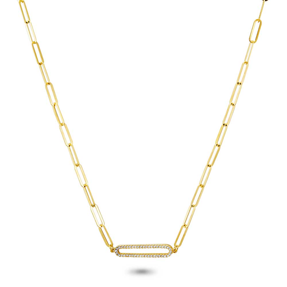 18Ct Gold Plated Silver Necklace, Oval With Zirconia And Oval Links