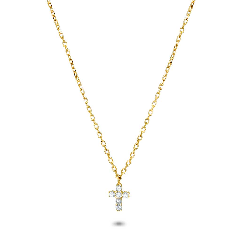 18Ct Gold Plated Silver Necklace, Small Cross, Zirconia