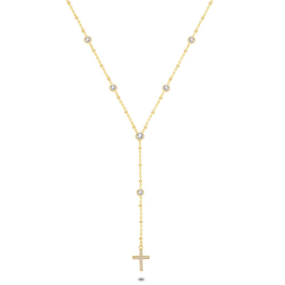 18Ct Gold Plated Silver Necklace, Cross, 6 Zirconia