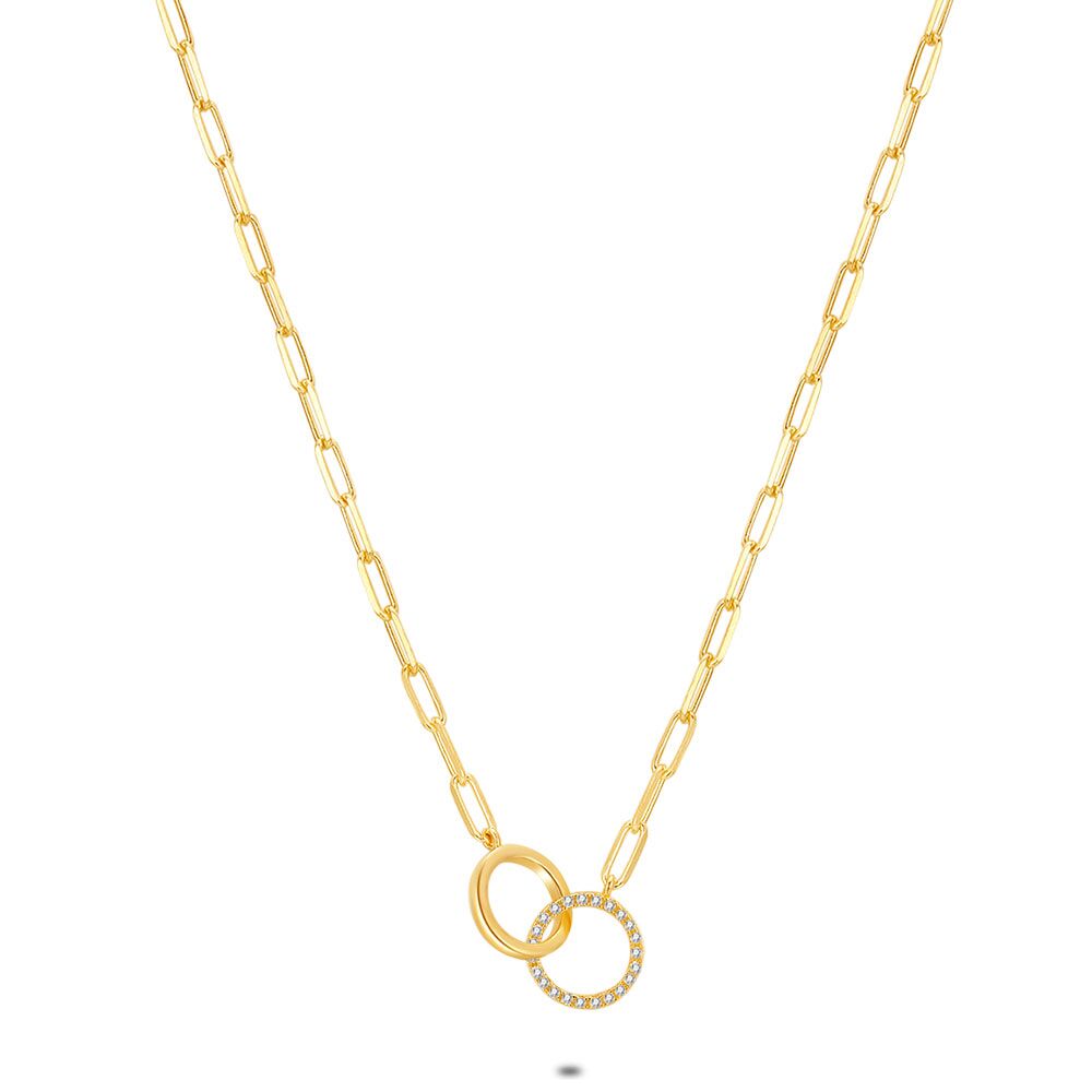 18Ct Gold Plated Silver Necklace, 2 Circles, Zirconia