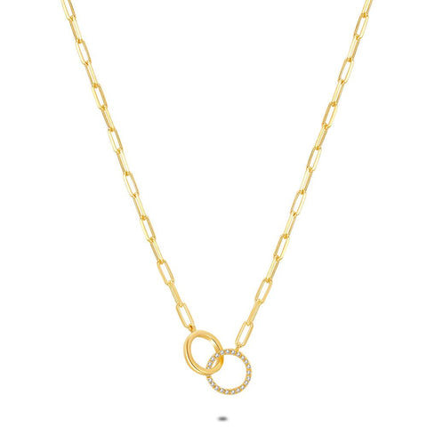 18Ct Gold Plated Silver Necklace, 2 Circles, Zirconia